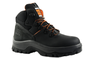 A black and orange safety boot on a white background.