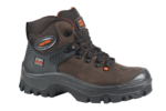 A men's brown and orange safety work boot.