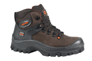 A men's brown and orange safety work boot.