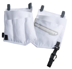 A pair of white workwear pouches with straps on them.